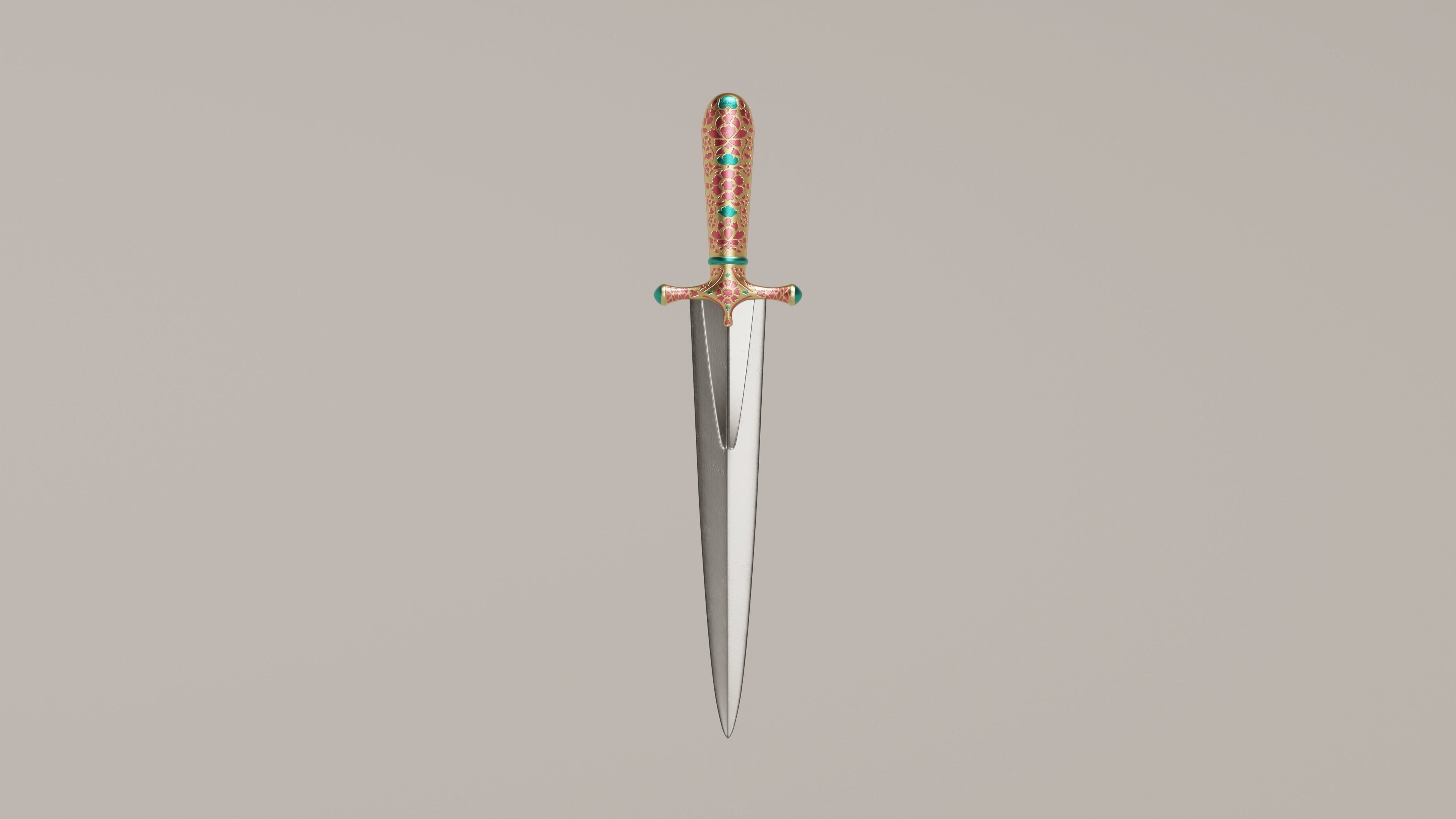 Oriental ceremonial dagger with golden handle and decorations Low-poly 3D model_1