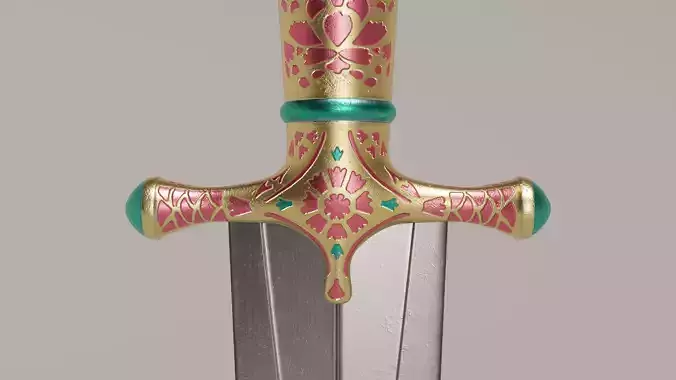 Oriental ceremonial dagger with golden handle and decorations Low-poly 3D model