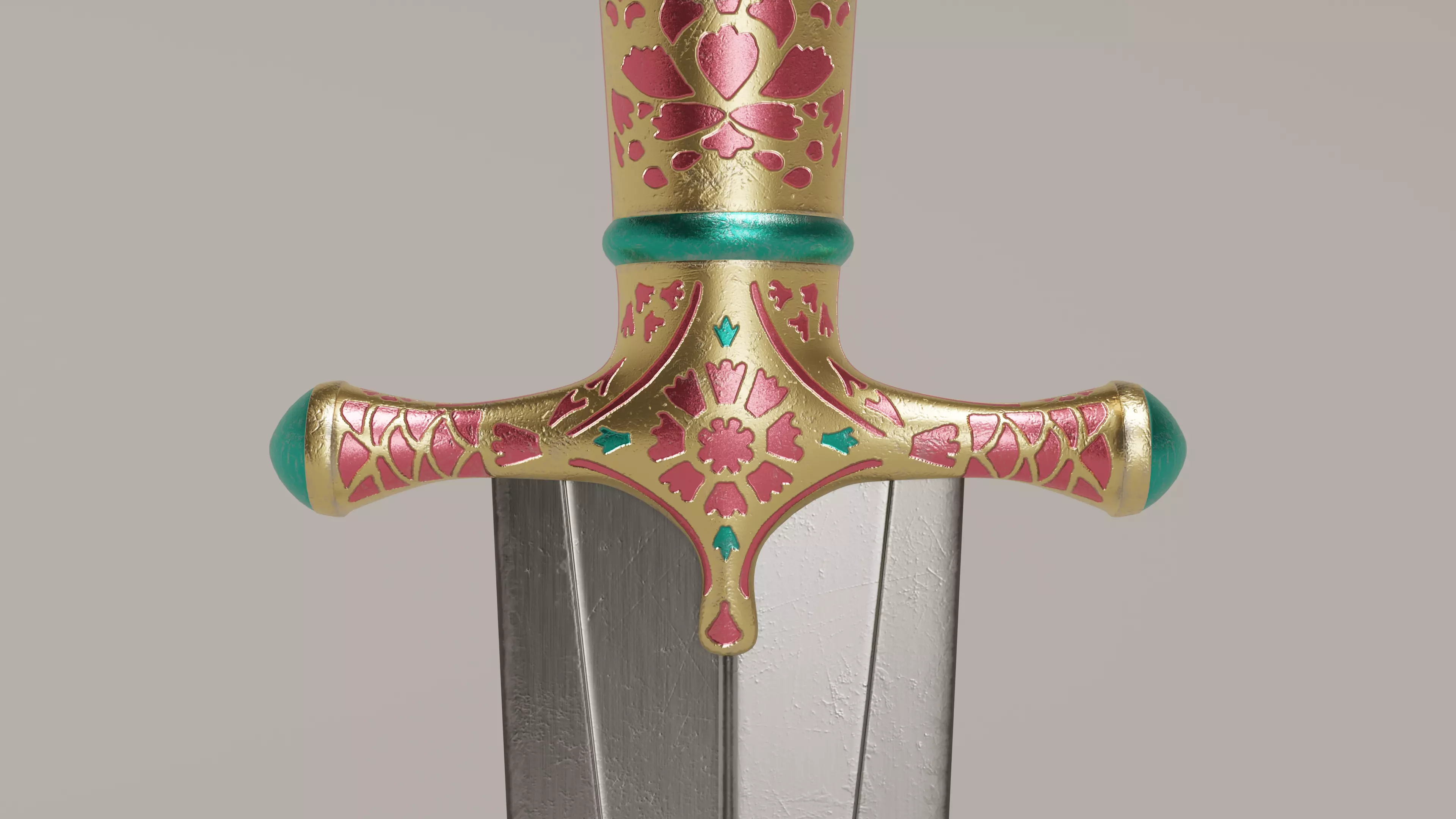 Oriental ceremonial dagger with golden handle and decorations Low-poly 3D model_0