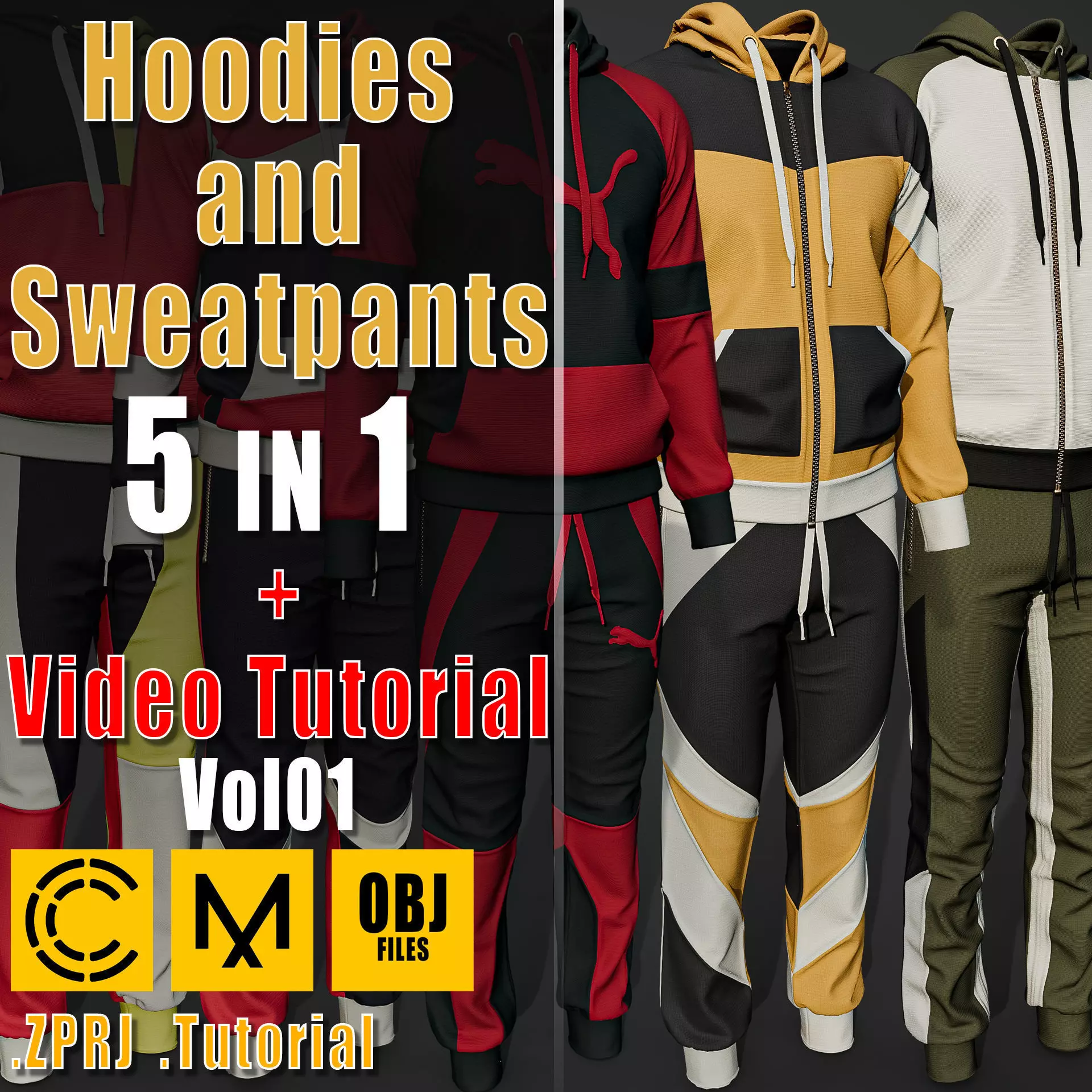 5 Hoodies and Sweatpants Video Tutorial CLO OBJ Vol01 3D model
