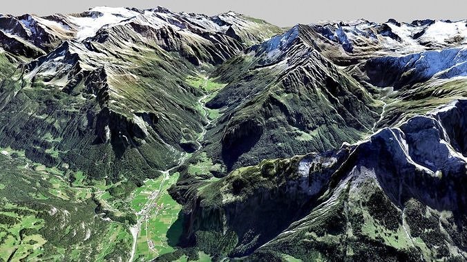 Mountain landscape and city Guttannen Switzerland 3D model 2