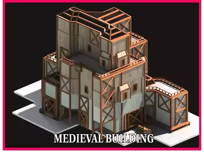 Medieval Low Poly Building  Castle Wooden Village Stone House 13 Low-poly 3D model