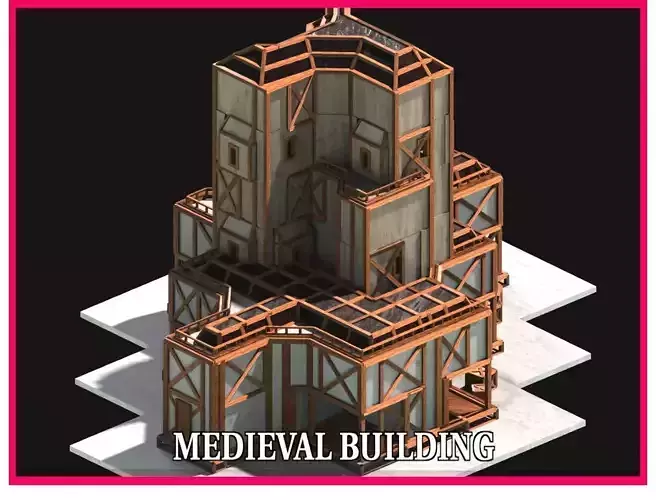 Medieval Low Poly Building  Castle Wooden Village Stone House 09 Low-poly 3D model