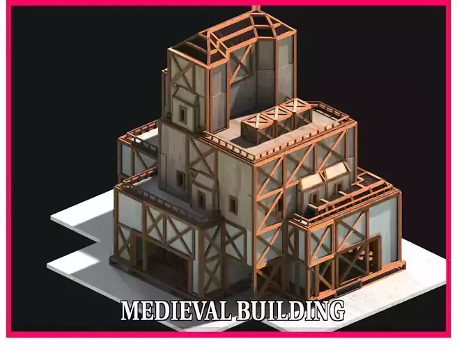 Medieval Low Poly Building  Castle Wooden Village Stone House 04 Low-poly 3D model