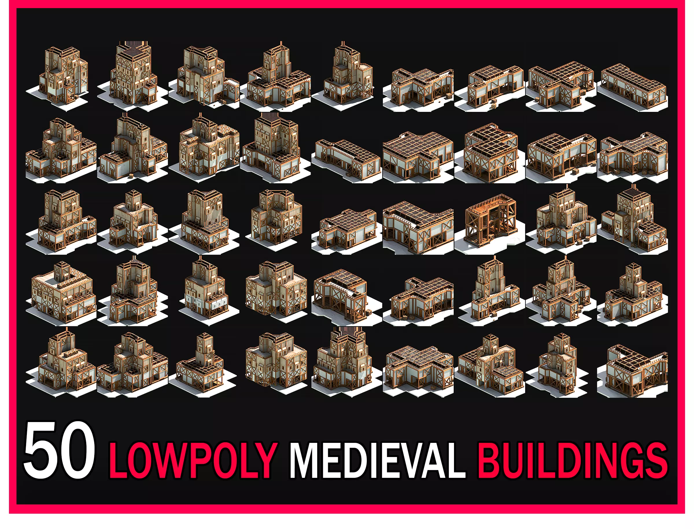 50 Medieval Building Castle Town House Pack Bundle Kitbash 3D Model Collection_0
