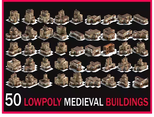50 Medieval Building Castle Town House Pack Bundle Kitbash 3D Model Collection