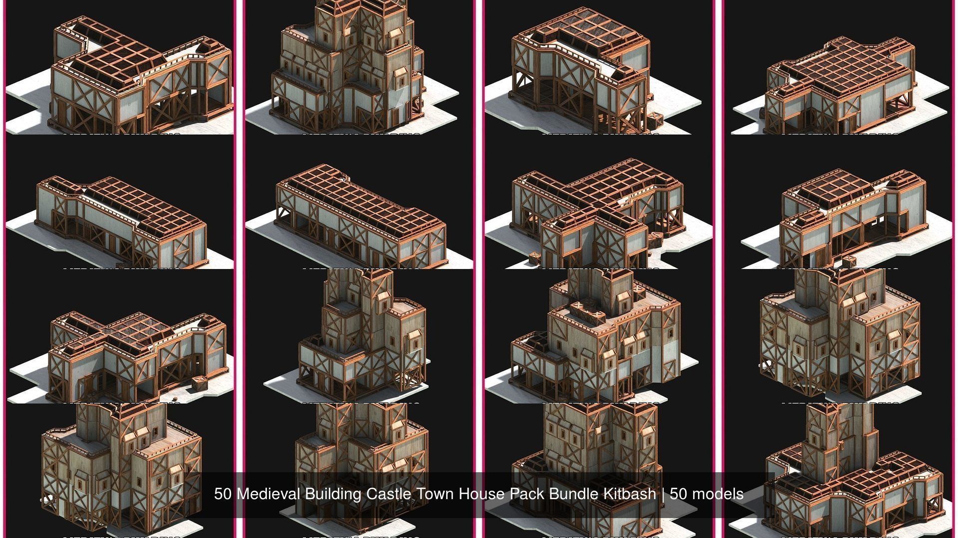 50 Medieval Building Castle Town House Pack Bundle Kitbash 3D Model Collection_3