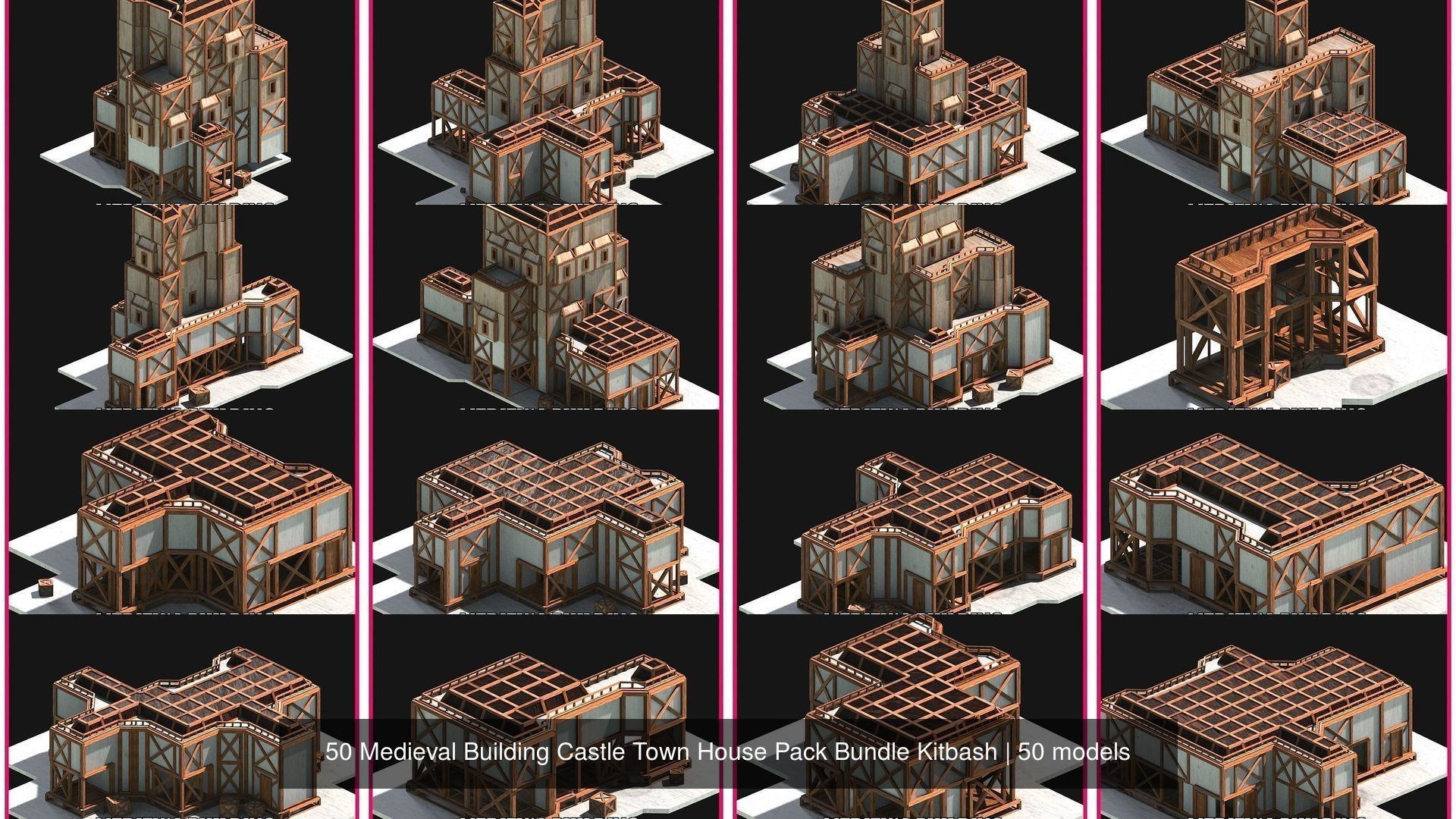 50 Medieval Building Castle Town House Pack Bundle Kitbash 3D Model Collection_4