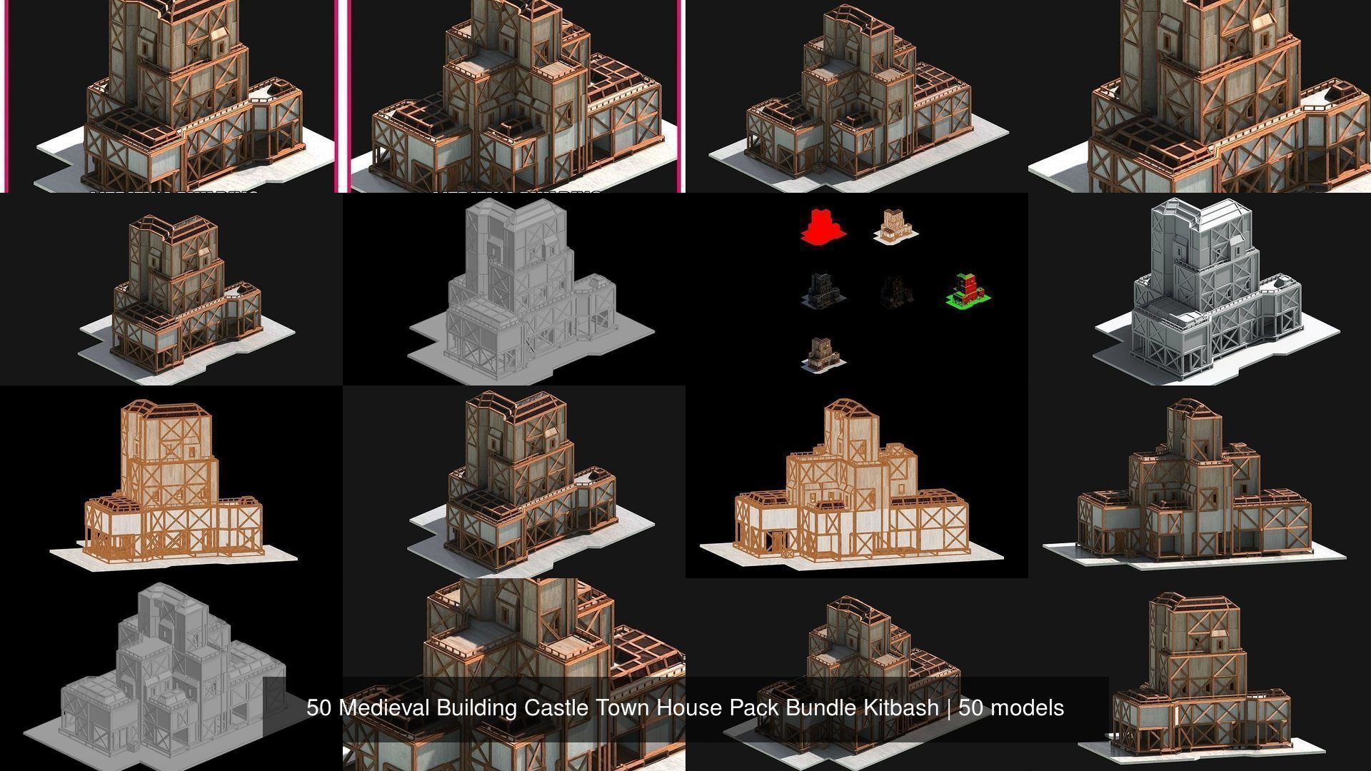 50 Medieval Building Castle Town House Pack Bundle Kitbash 3D Model Collection_10