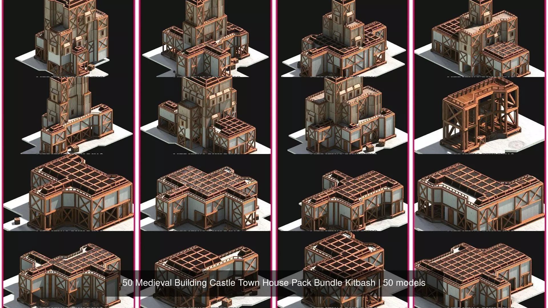 50 Medieval Building Castle Town House Pack Bundle Kitbash 3D Model Collection_1