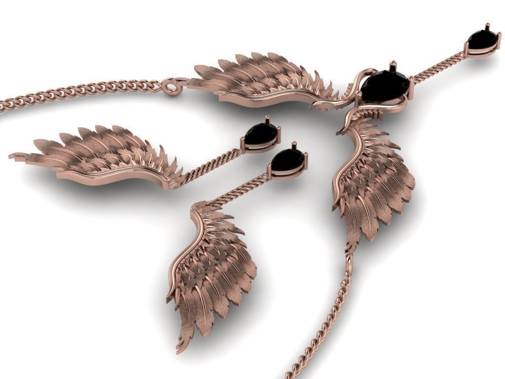 feather Set gold necklace with wings and diamond 3D print model_5