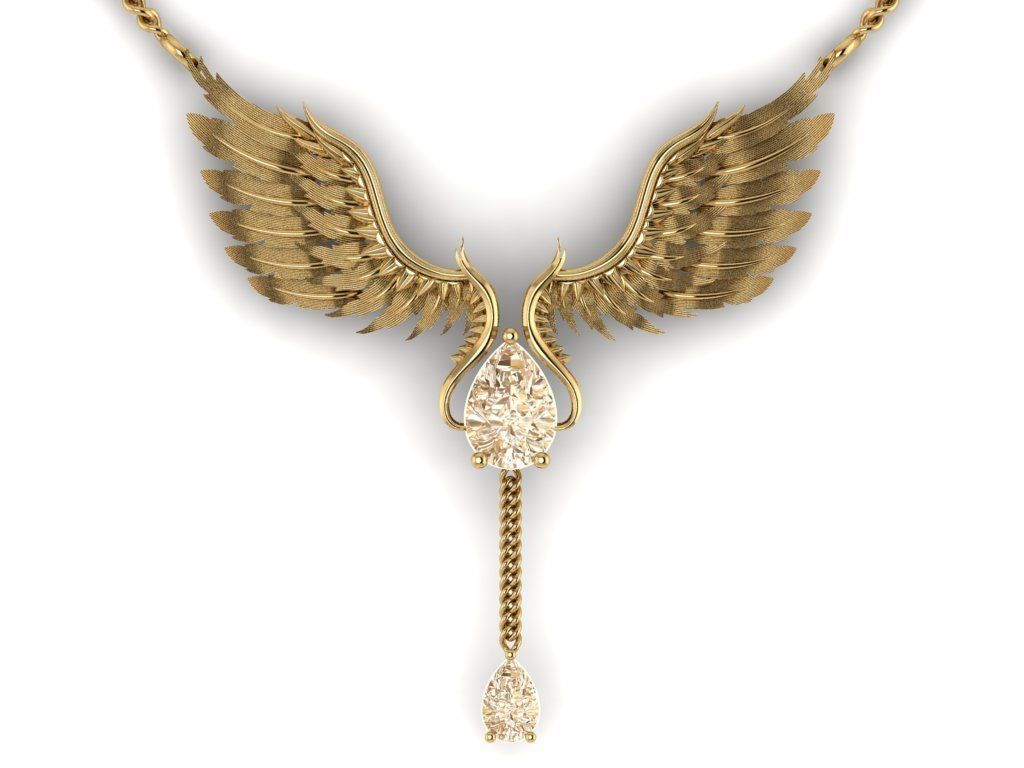 feather Set gold necklace with wings and diamond 3D print model_1