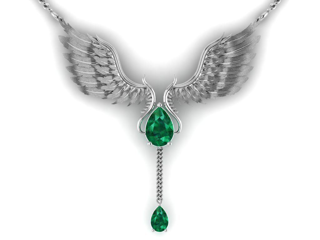 feather Set gold necklace with wings and diamond 3D print model_14