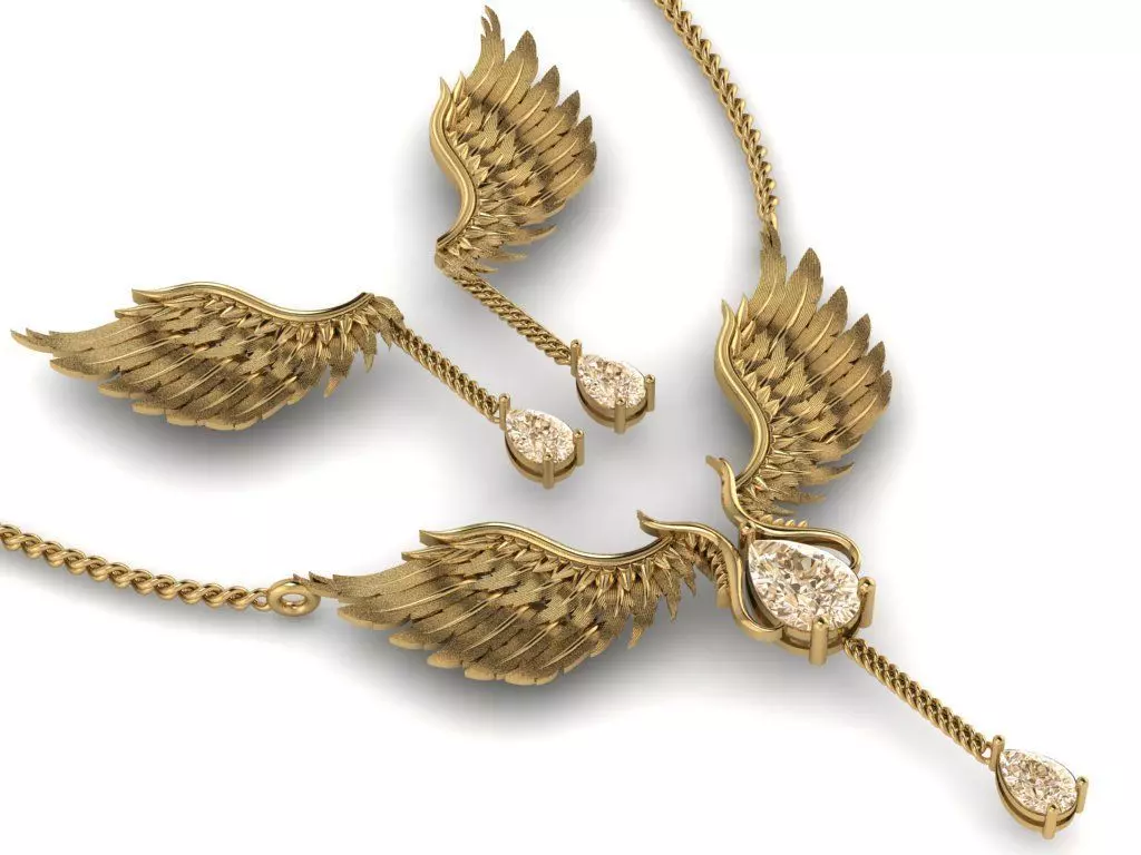 feather Set gold necklace with wings and diamond 3D print model_0