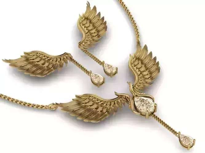 feather Set gold necklace with wings and diamond 3D print model