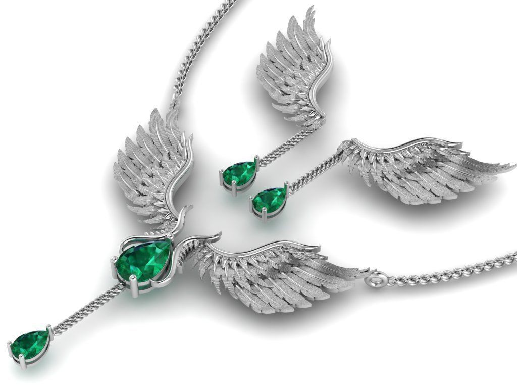 feather Set gold necklace with wings and diamond 3D print model_6