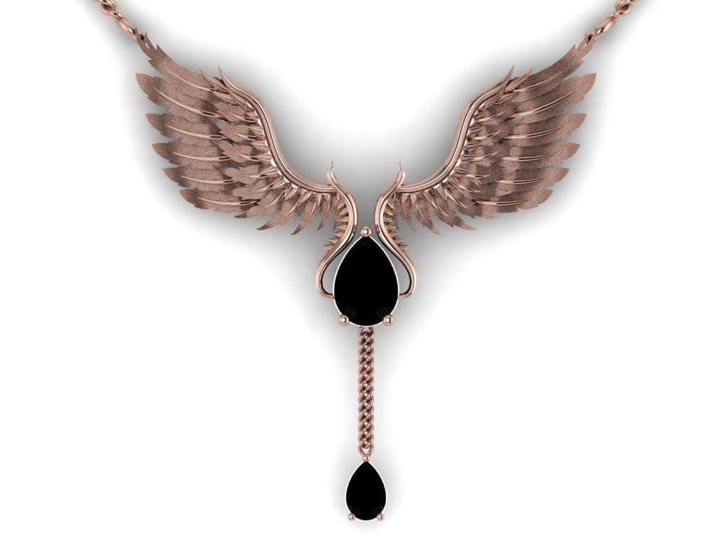 feather Set gold necklace with wings and diamond 3D print model_21