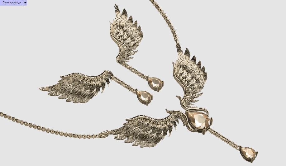 feather Set gold necklace with wings and diamond 3D print model_23