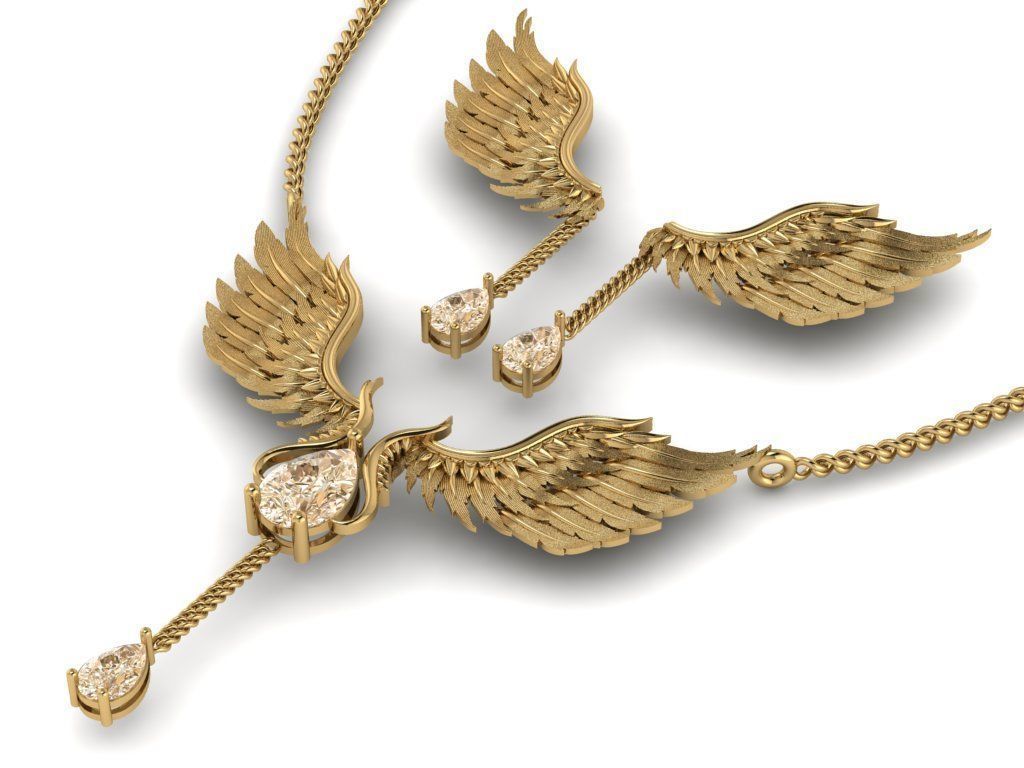 feather Set gold necklace with wings and diamond 3D print model_7