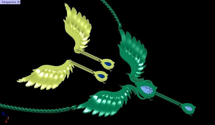 feather Set gold necklace with wings and diamond 3D print model_25