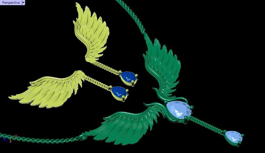 feather Set gold necklace with wings and diamond 3D print model_24