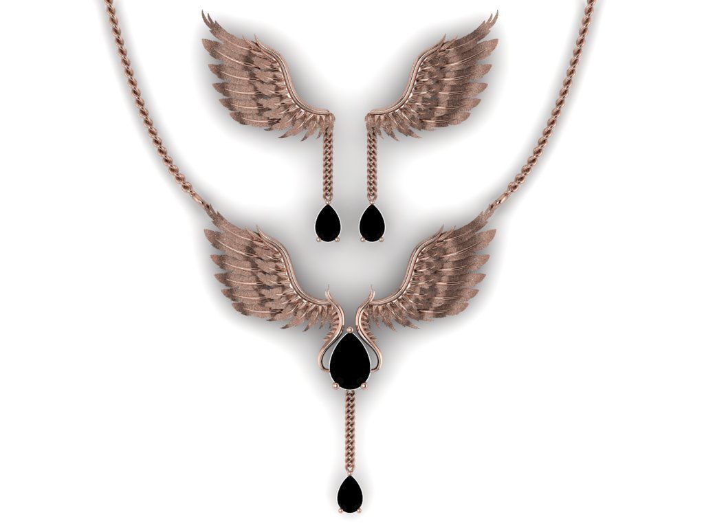 feather Set gold necklace with wings and diamond 3D print model_18