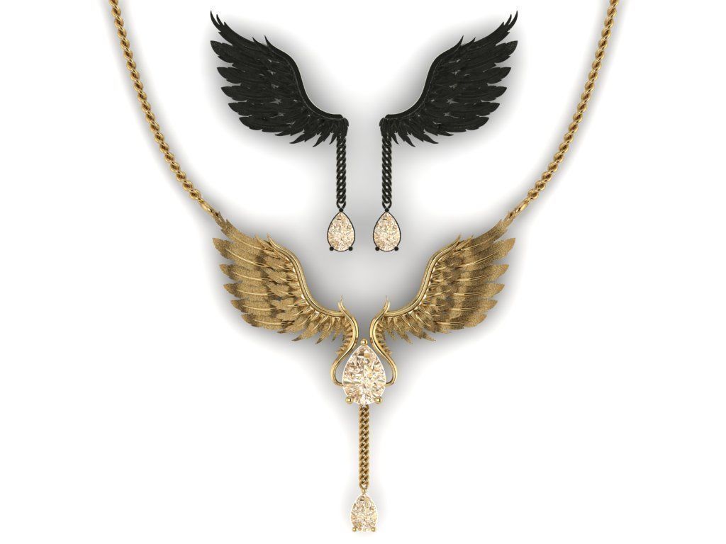 feather Set gold necklace with wings and diamond 3D print model_19