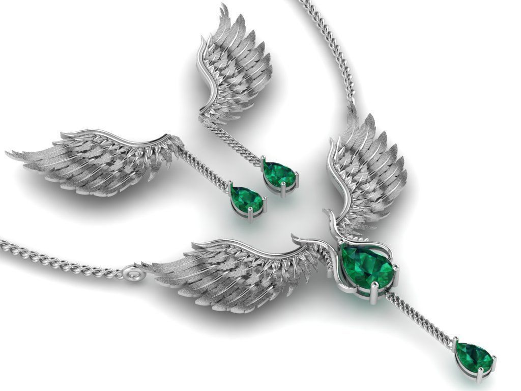 feather Set gold necklace with wings and diamond 3D print model_28