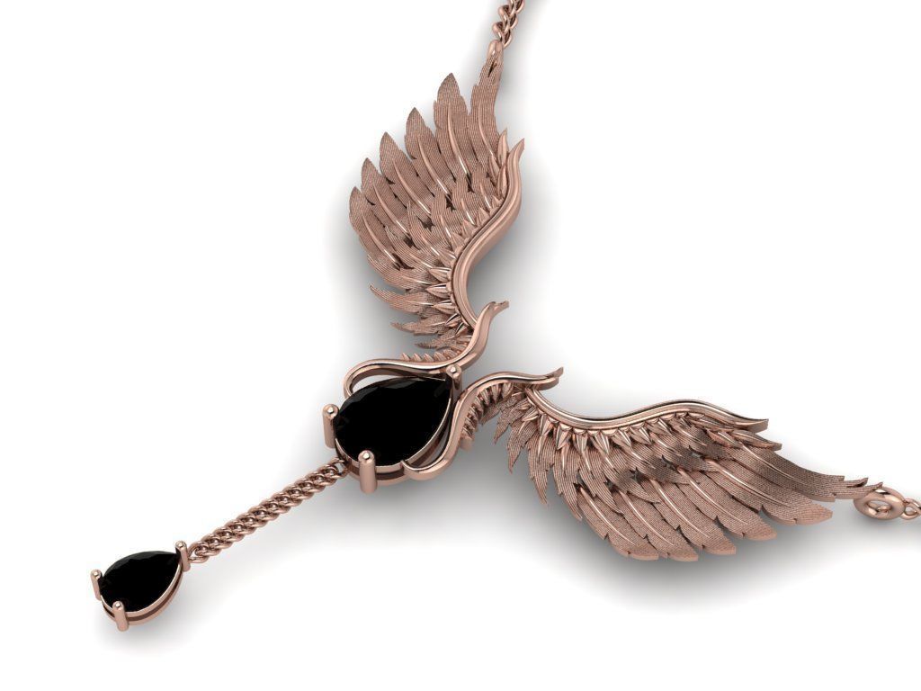 feather Set gold necklace with wings and diamond 3D print model_20