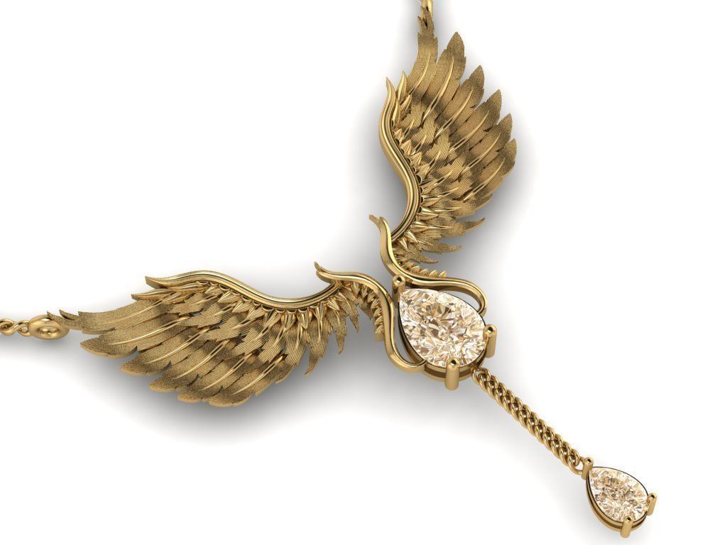 feather Set gold necklace with wings and diamond 3D print model_2