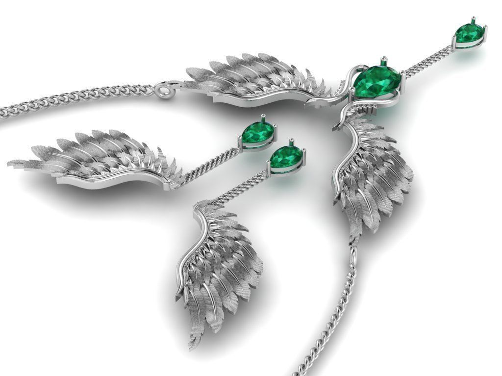 feather Set gold necklace with wings and diamond 3D print model_13