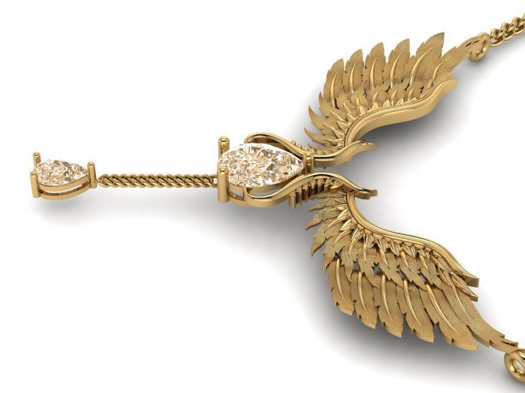 feather Set gold necklace with wings and diamond 3D print model_15