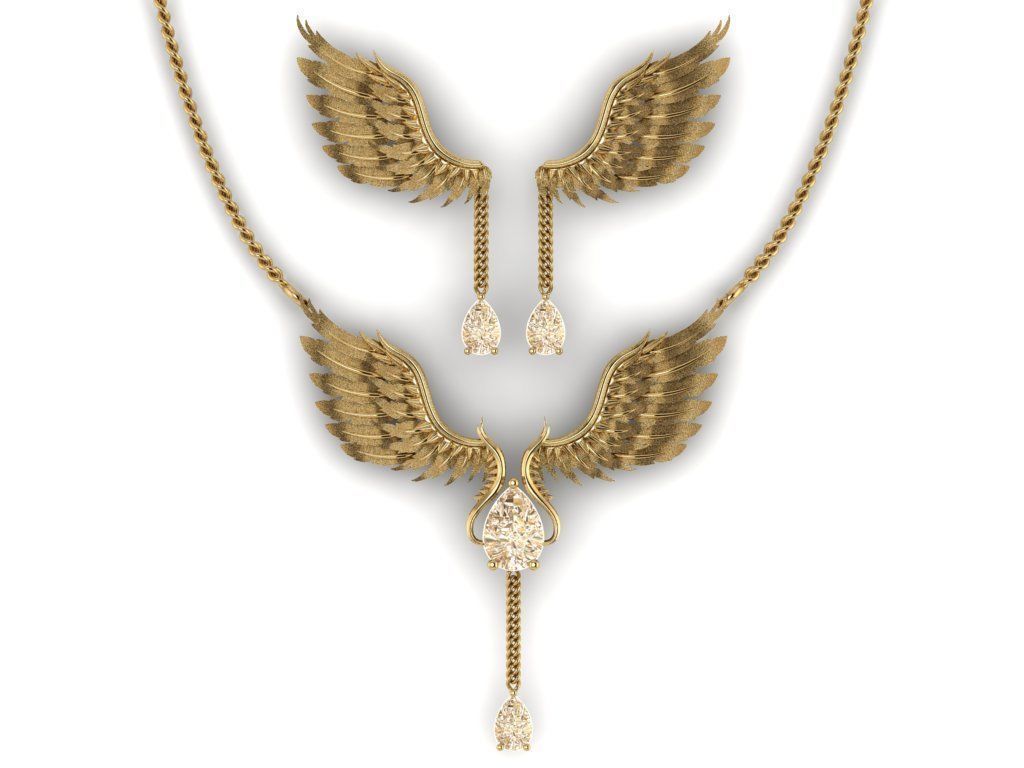 feather Set gold necklace with wings and diamond 3D print model_8