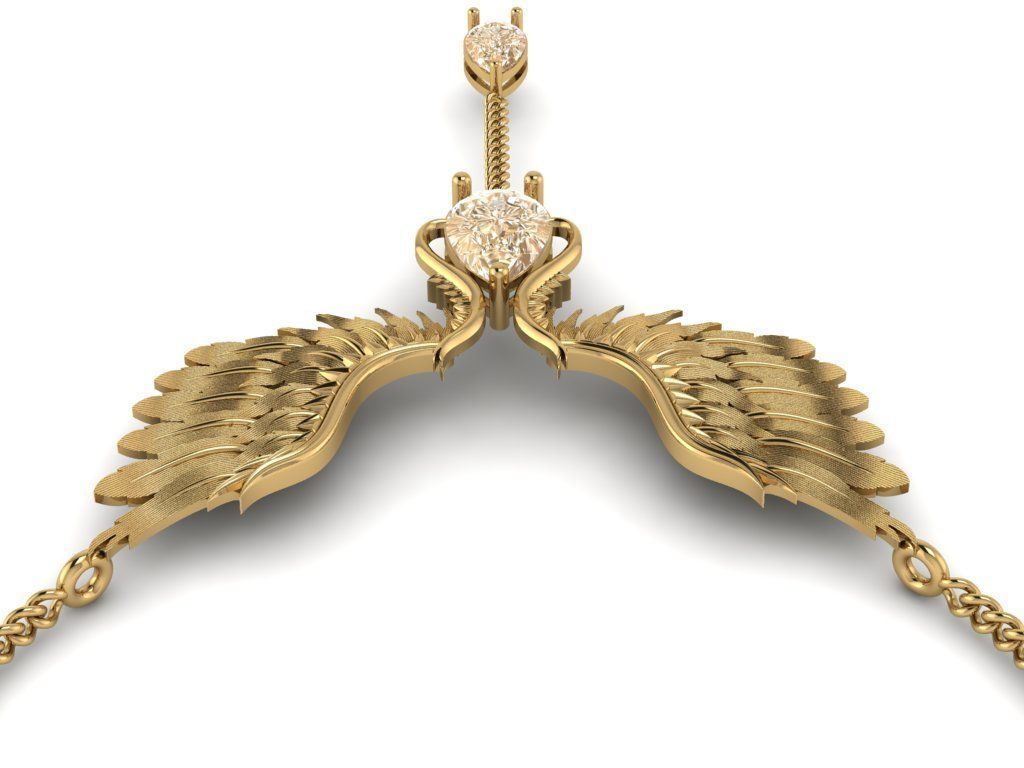 feather Set gold necklace with wings and diamond 3D print model_4