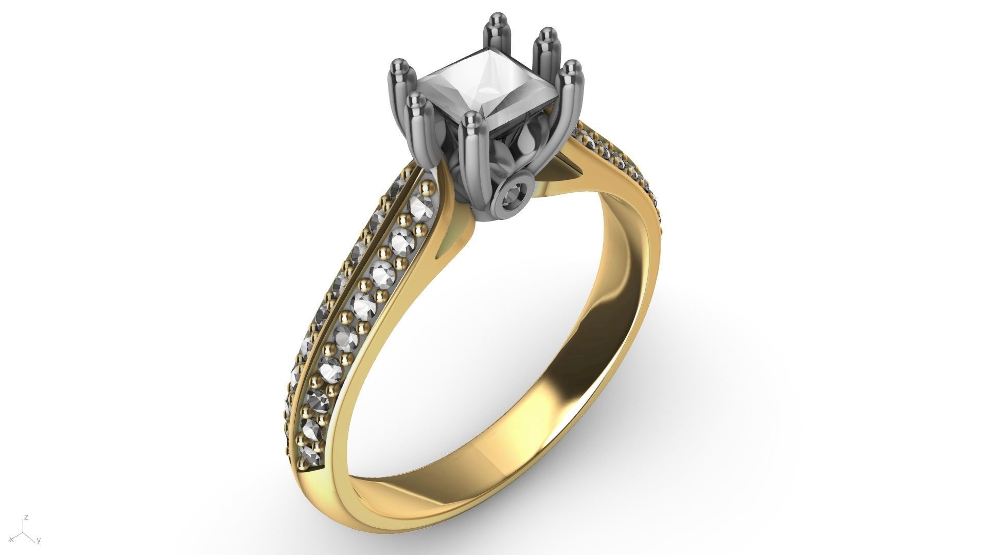 princess cut leaf shank designer ring stl verified 3D print model_3