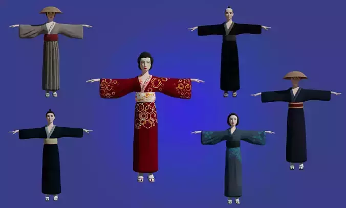 Villager human characters pack - Six lowpoly Asian Rigged Low-poly 3D model