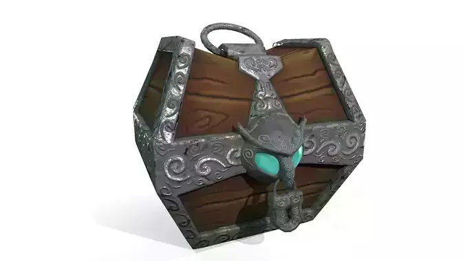 Stylized fantasy wooden treasure chest with owl padlock PBR