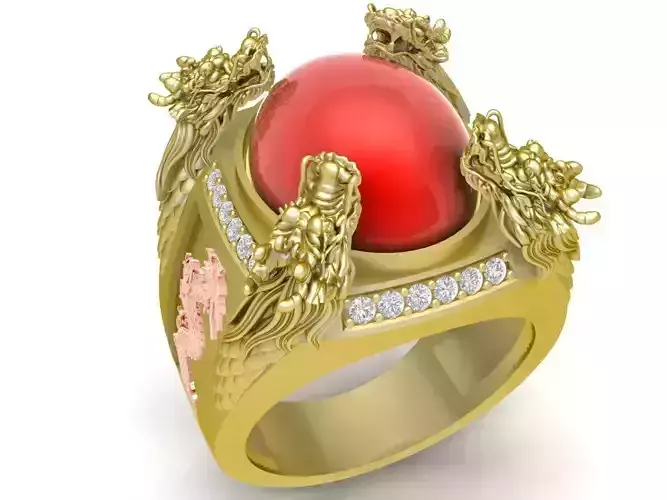 FengShui Lucky Four Dragons Ring with oval Ruby 3295