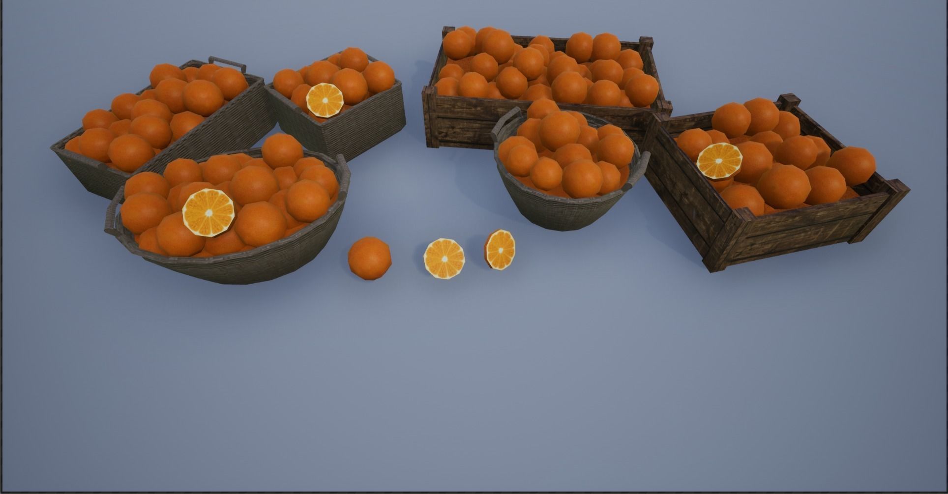 Lowpoly Crate and Baskets of Harvested Orange Low-poly 3D model_4