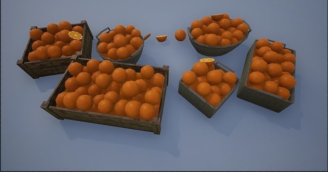 Lowpoly Crate and Baskets of Harvested Orange Low-poly 3D model 3