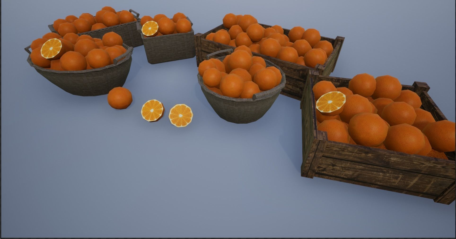 Lowpoly Crate and Baskets of Harvested Orange Low-poly 3D model_3