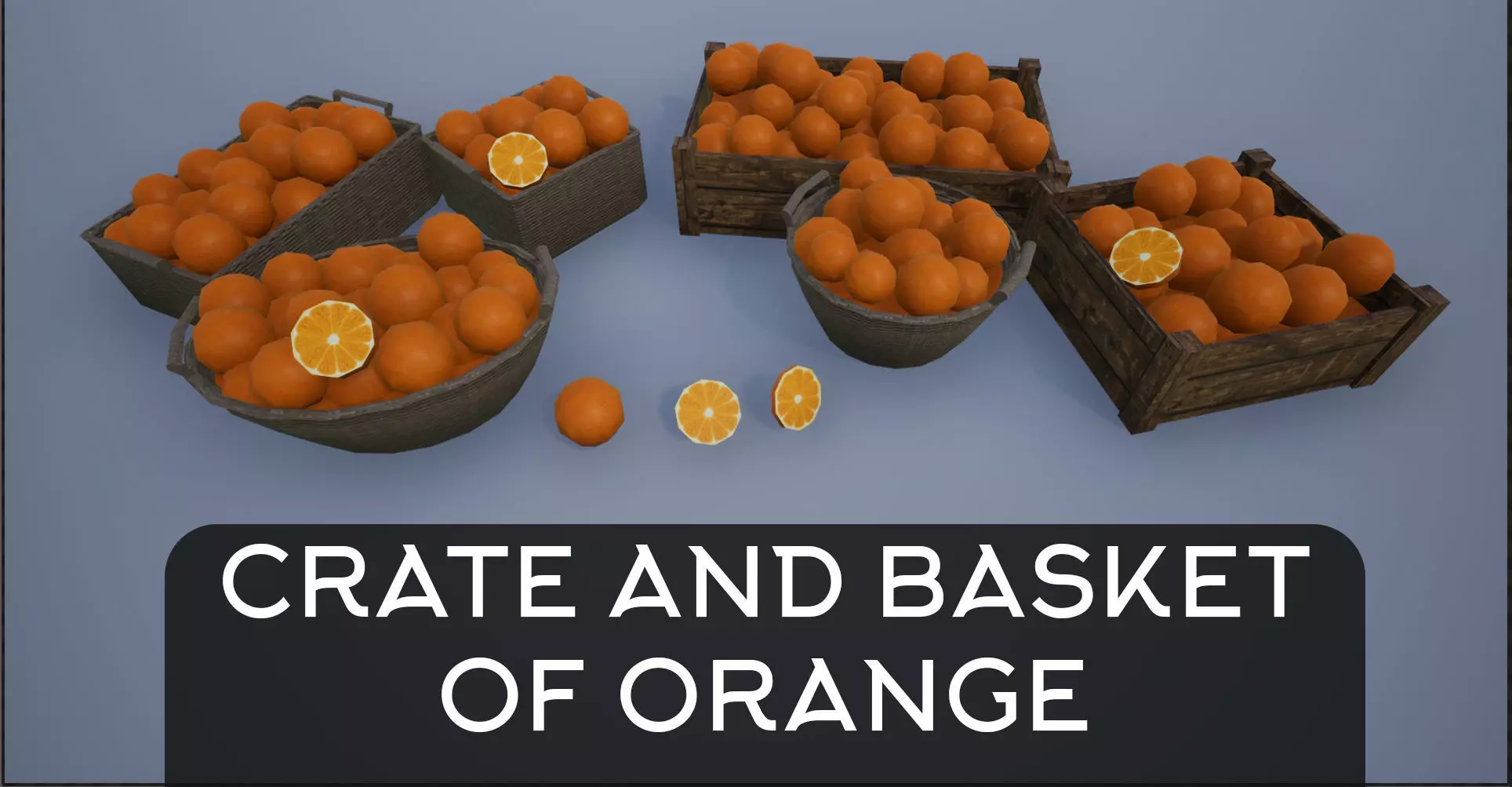 Lowpoly Crate and Baskets of Harvested Orange Low-poly 3D model_0