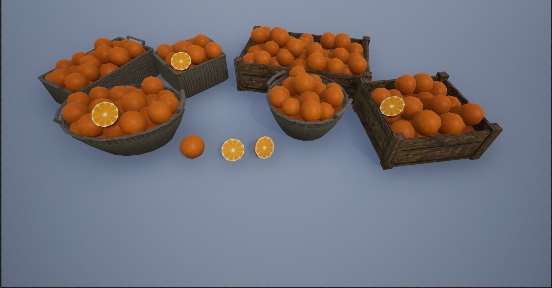 Lowpoly Crate and Baskets of Harvested Orange Low-poly 3D model_1