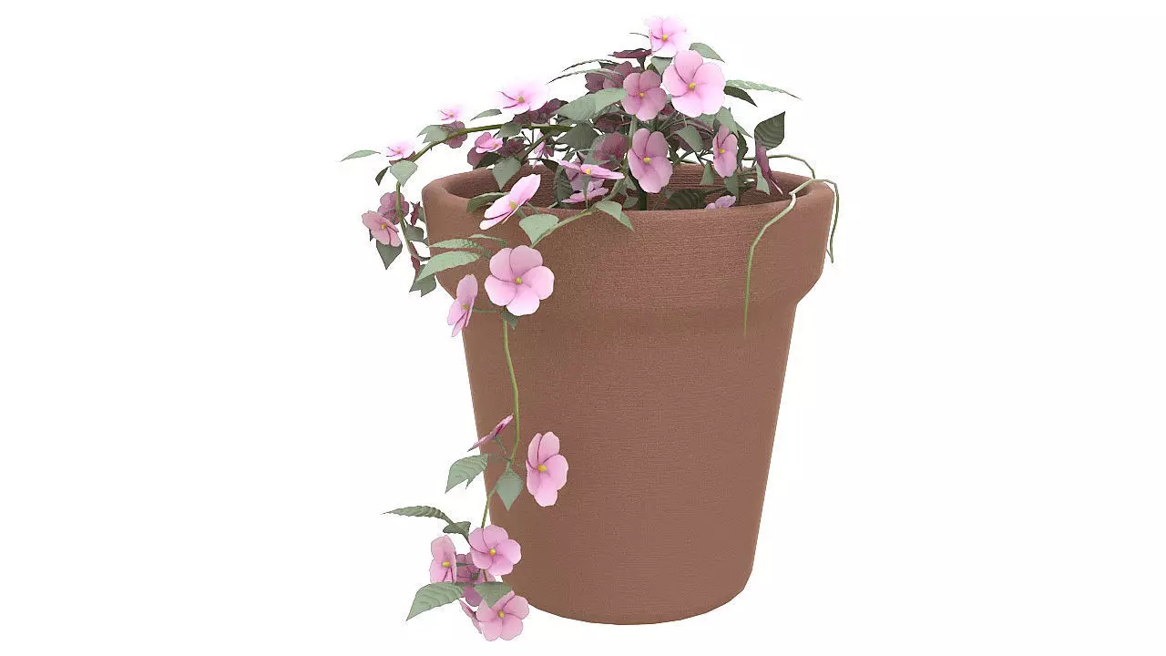 Pink flowers in clay pot 3D model_0