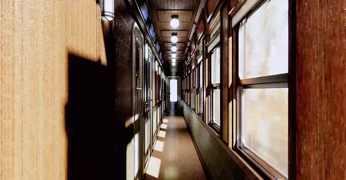 train long hallway with wooden windows