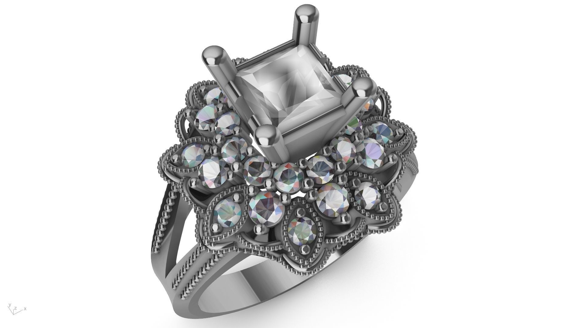 princess cut milgrain step diamond ring stl verified  3D print model_12