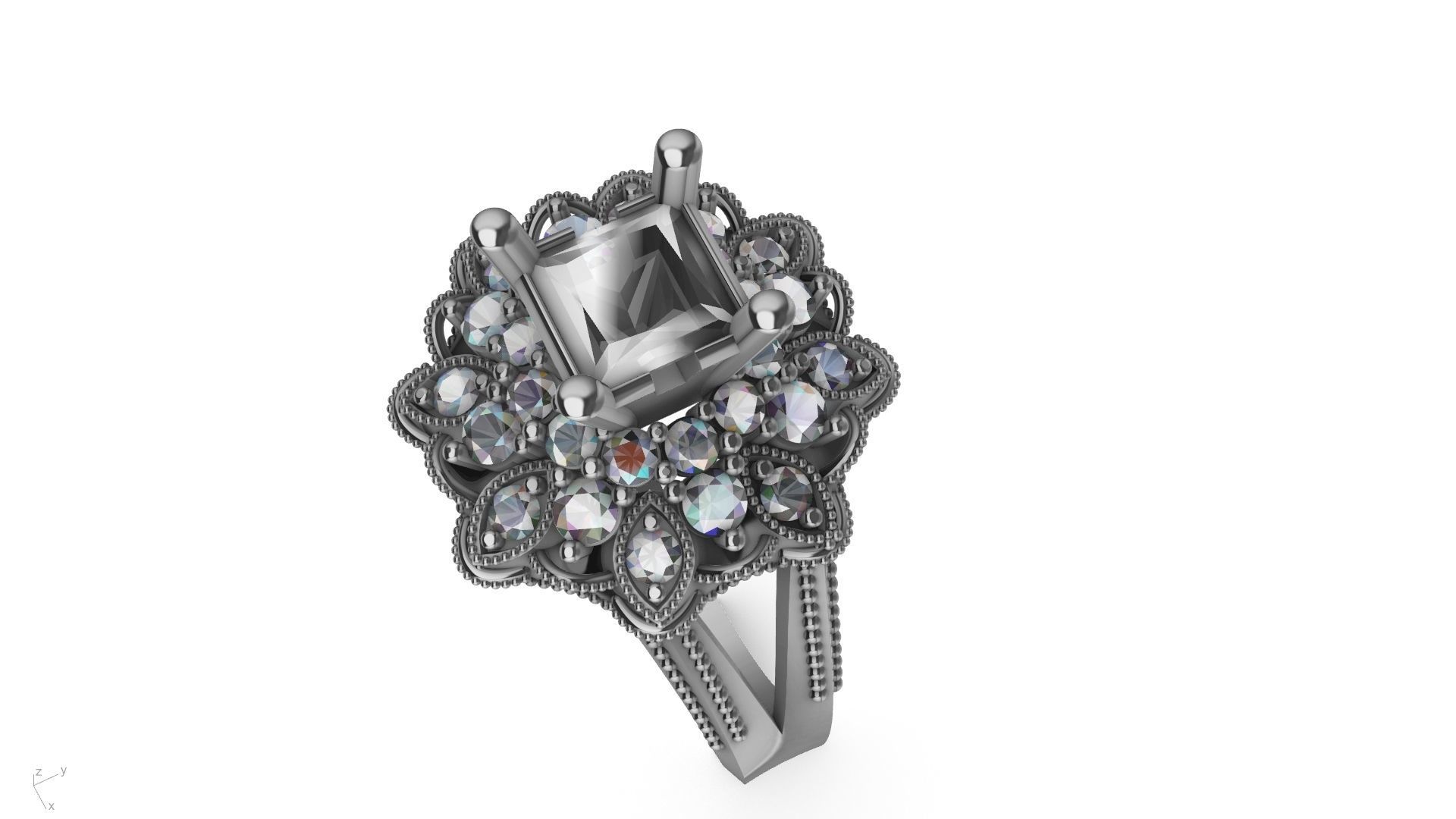 princess cut milgrain step diamond ring stl verified  3D print model_11