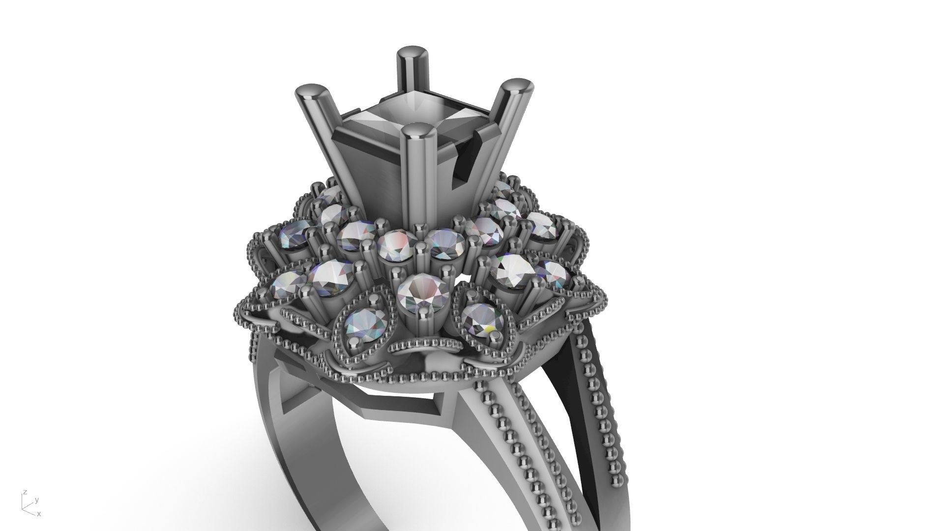 princess cut milgrain step diamond ring stl verified  3D print model_6