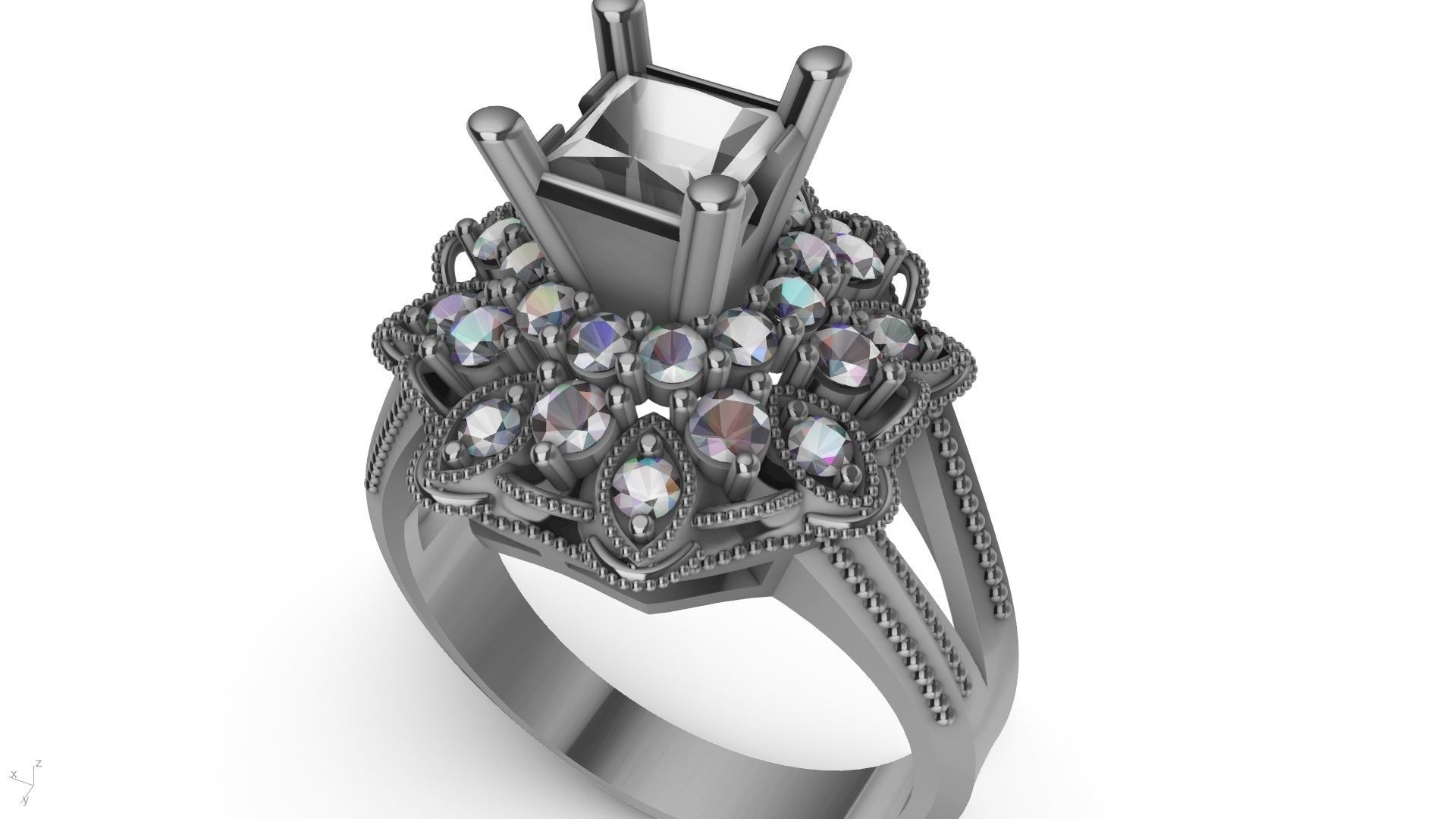 princess cut milgrain step diamond ring stl verified  3D print model_1