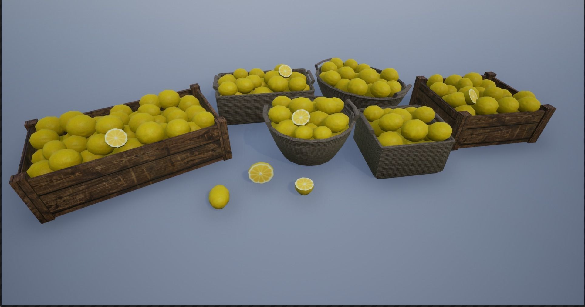 Lowpoly Crate and Baskets of Harvested Lemon Low-poly 3D model_1